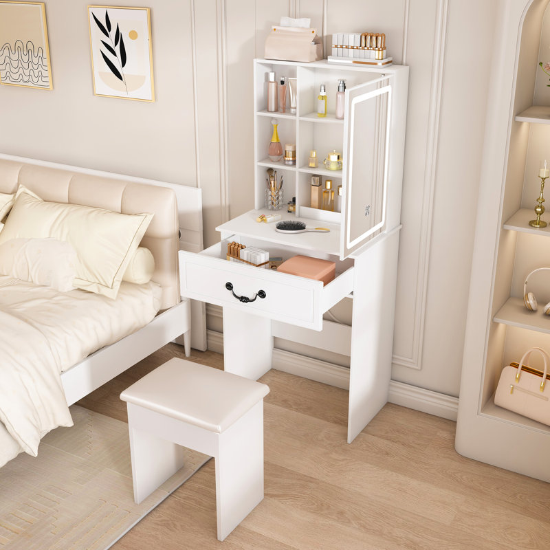 Coiffeuse à luminosité réglable avec miroir à DEL, rangement intelligent, tablettes à plusieurs niveaux, tabouret rembourré blanc pour les compartiments de bureau