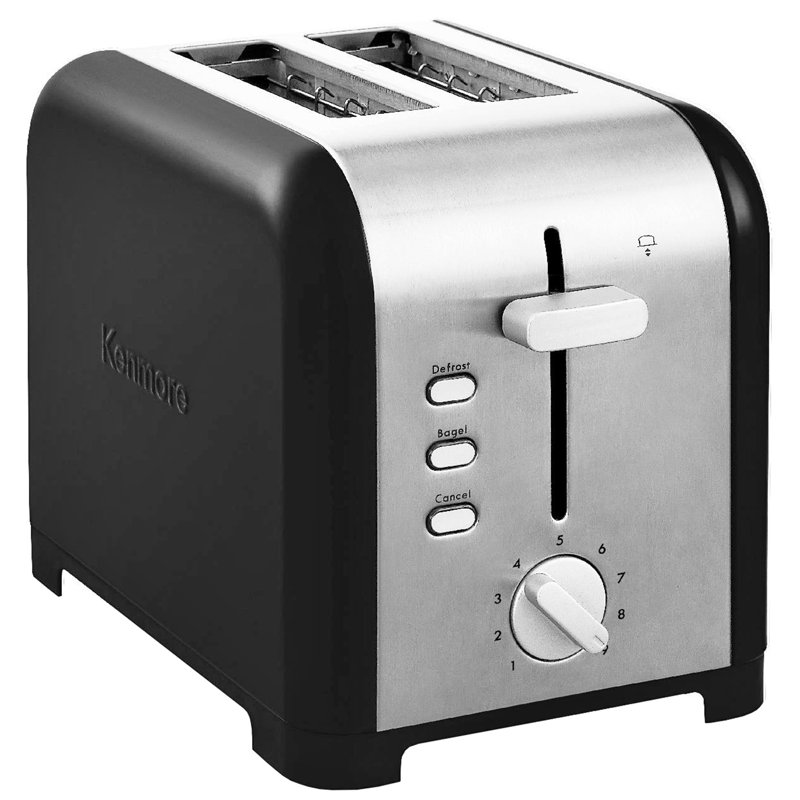 Kenmore 2 Slice Stainless Steel Toaster with Extra Wide Slots and Bagel & Defrost Functions, Black