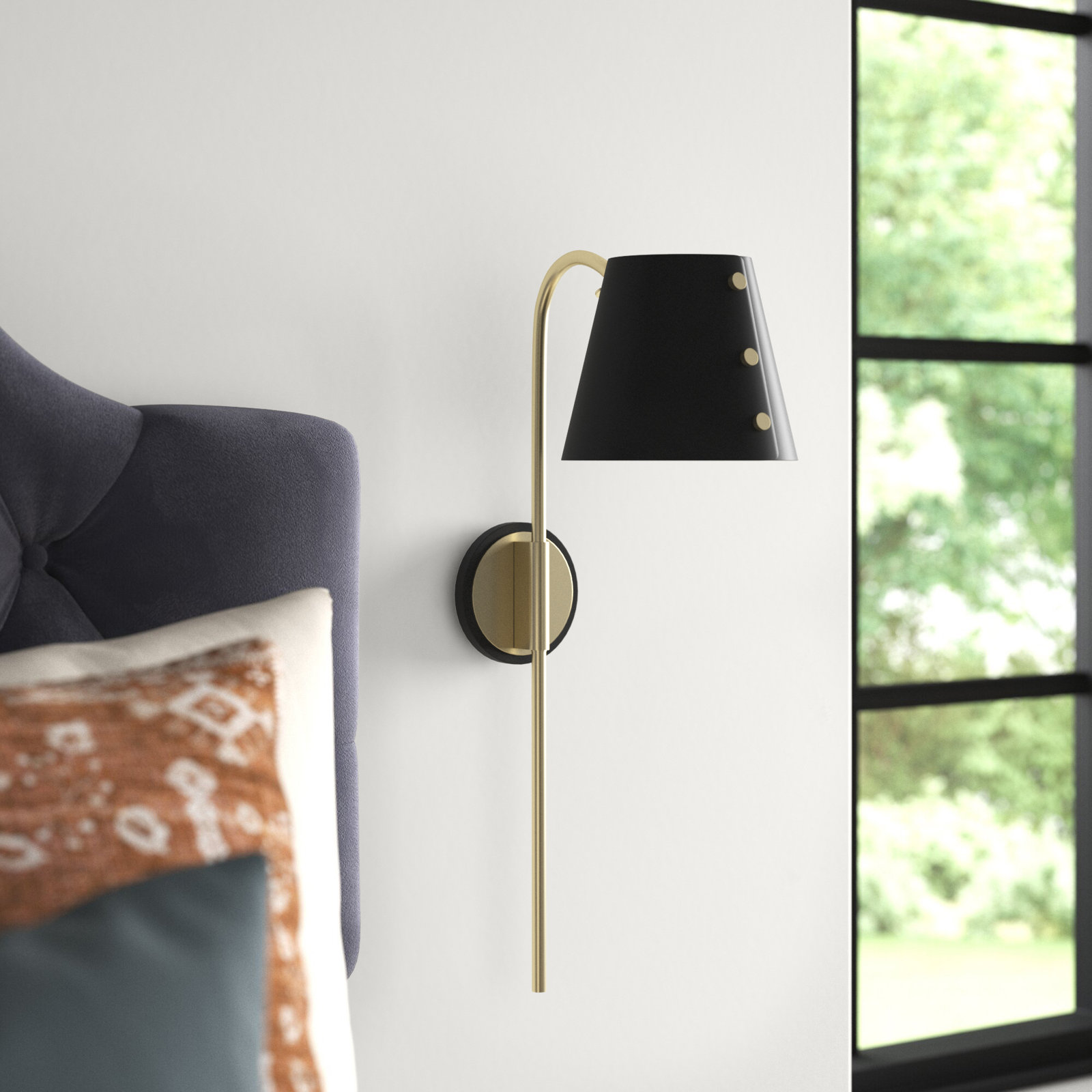 Daphne Single Light Dimmable Plug-in Armed Sconce, Aged Brass, Black