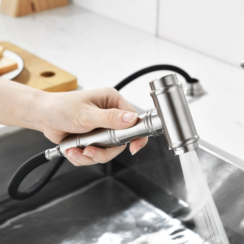 Robinet de cuisine à deux poignées et fixation sur le comptoir à deux trous avec douchette latérale en laiton, Nickel brossé