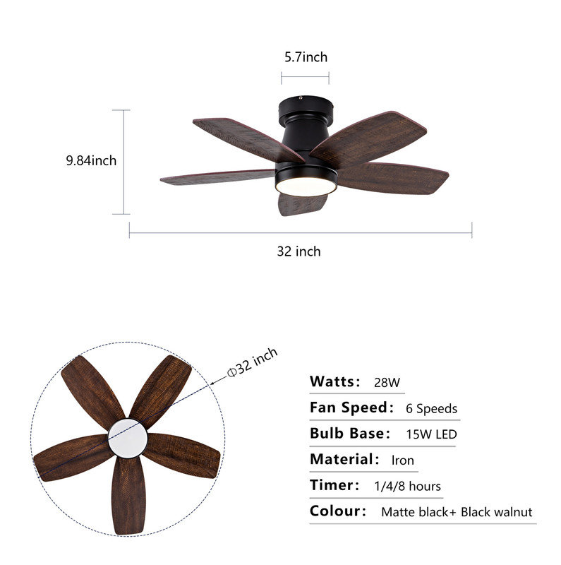 Ventilateur de plafond encastré avec lumière à intensité variable 3CCT, ventilateur à distance DC réversible en bois massif pour la maison et le patio