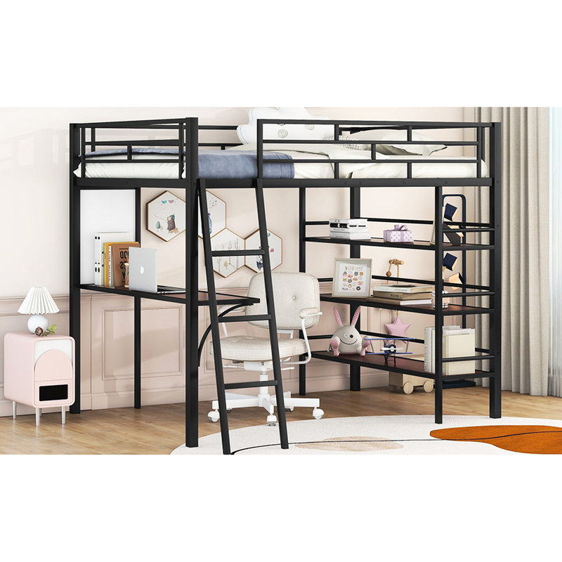 Lit mezzanine moderne en métal pleine grandeur avec 3 tablettes et bureau - Tableau blanc à cadre noir pour plus de confort et d'espace d'étude créatif