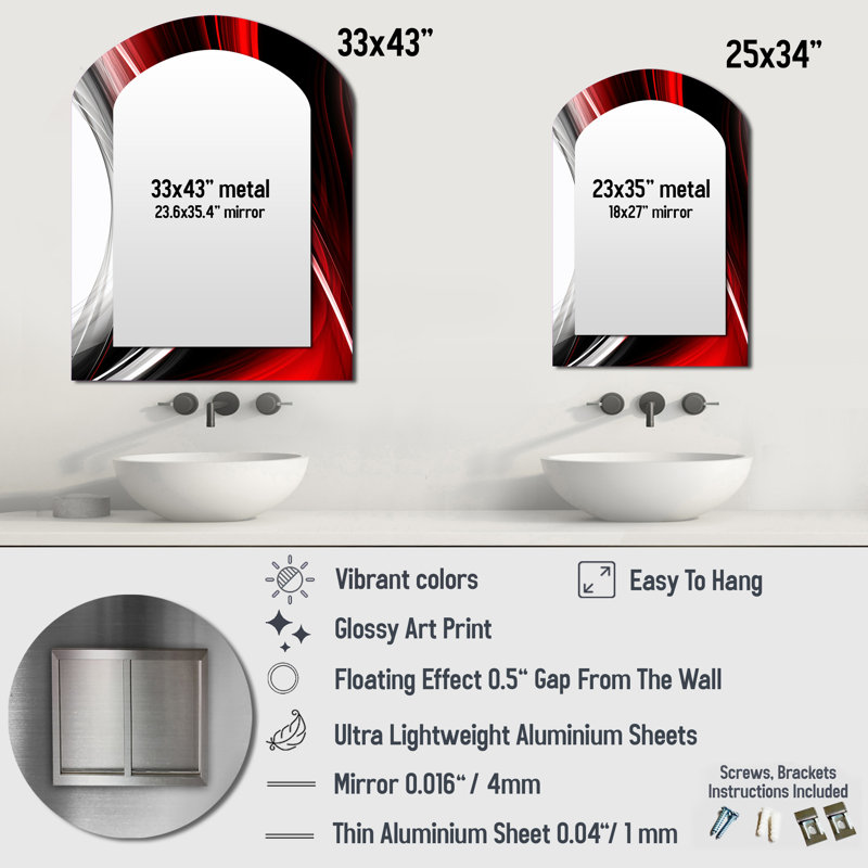 Red Black Infinite Ripples II - Waves Arch Unique Wall Mirror, Modern Asymmetrical Mirror, Printed Metal Art, 34" x 25"