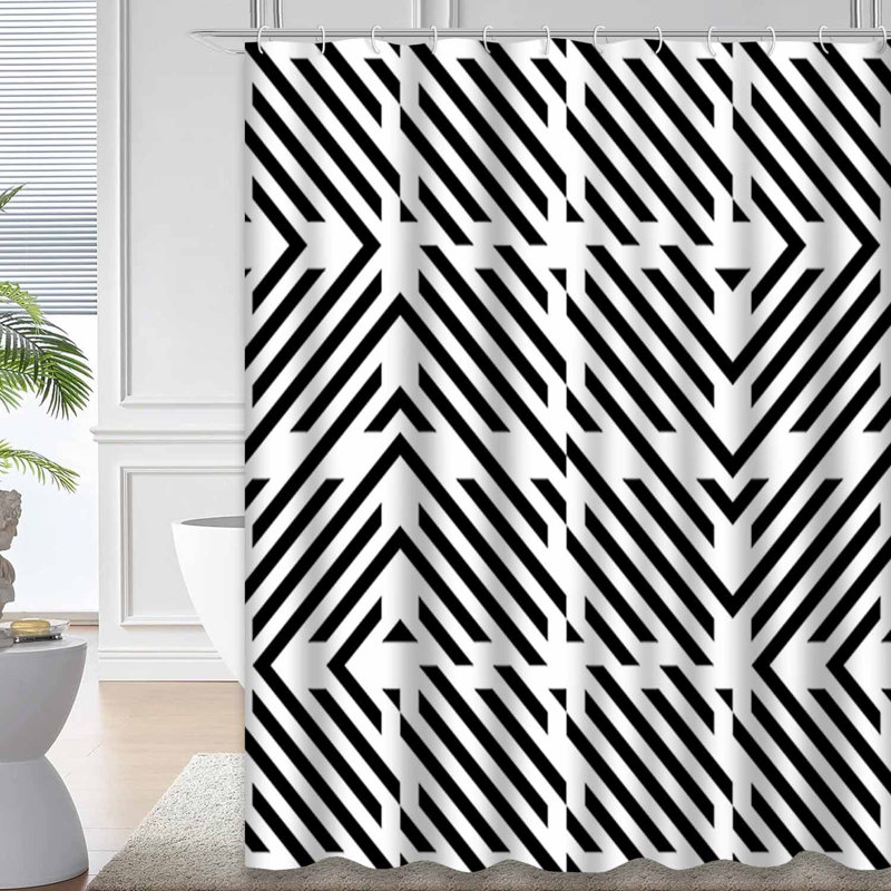 Rideau de douche décoratif à rayures diagonales blanches avec 12 crochets, L 72 po x l 78 po