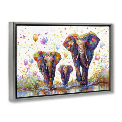 «Elephants & Celebration Ballons», toile flottante encadrée grise par Leon Devenice