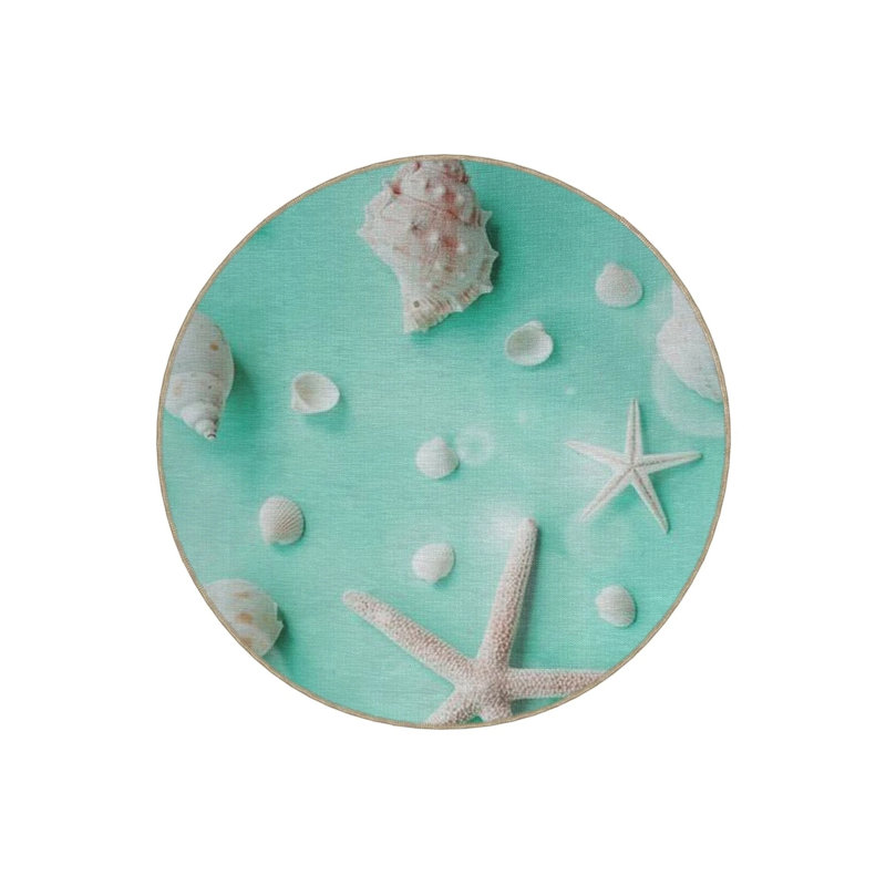 Turquoise Themed Starfish And Shell Patterned Round Woven Base Modern Decorative Carpet, Round 2'8"