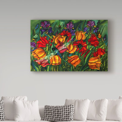 Gulabsha 'Iris Dragonfly and Bees' Acrylic Painting Print on Wrapped Canvas