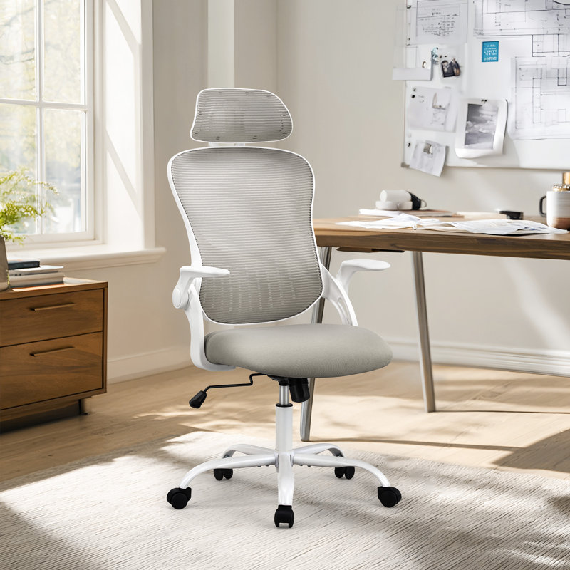 Chaise de bureau ergonomique à dossier haut en filet avec accoudoirs pivotants et appui-tête réglable, Rabattable, Gris