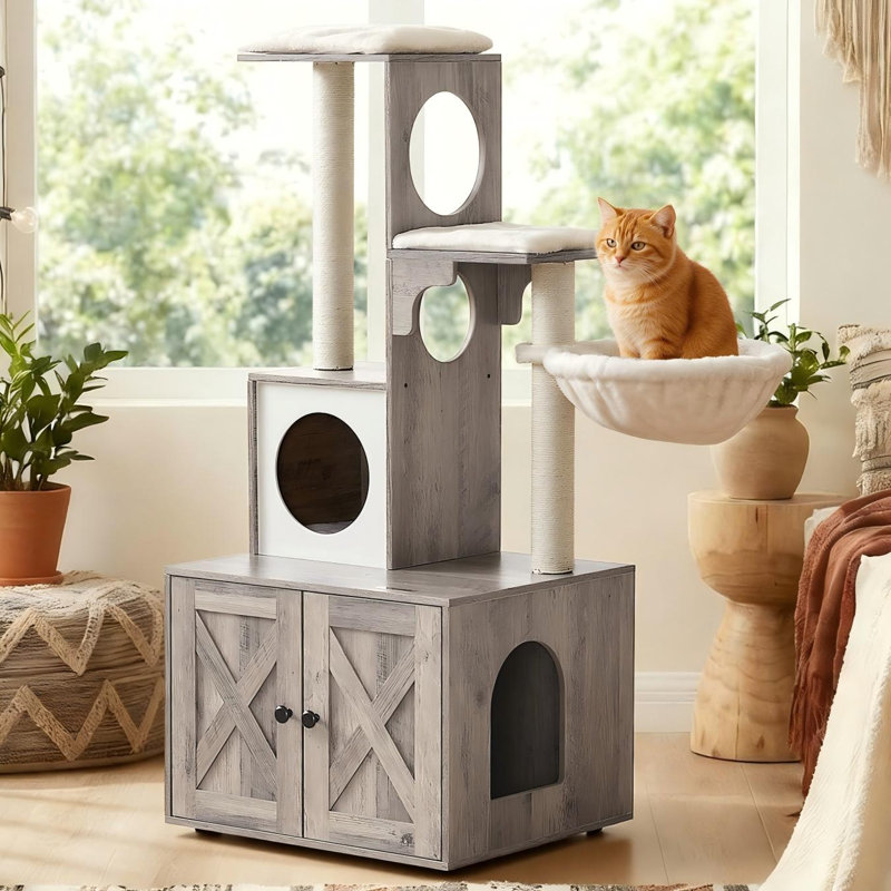 53" Kimmel Cat Tree with Litter Box Enclosure, Greige