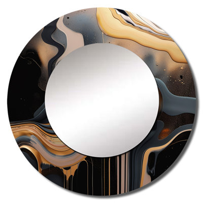 Raeneisha Gold And Black Marble Mirage II - Marble Large Mirror, Modern Round Decorative Wall Mirror, Printed Metal Art