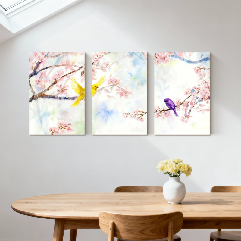 «Birds Cherry Blossoms Birds Spring», ensemble de 3 impressions sur toile, H 30 po x l 60 po