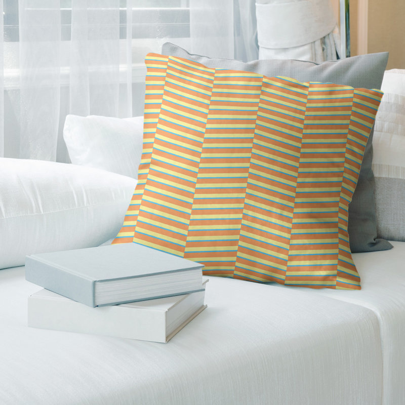 Coussin Fractured Stripes, H 14 po x l 14 po, Duvet synthétique, Bleu / orange / jaune