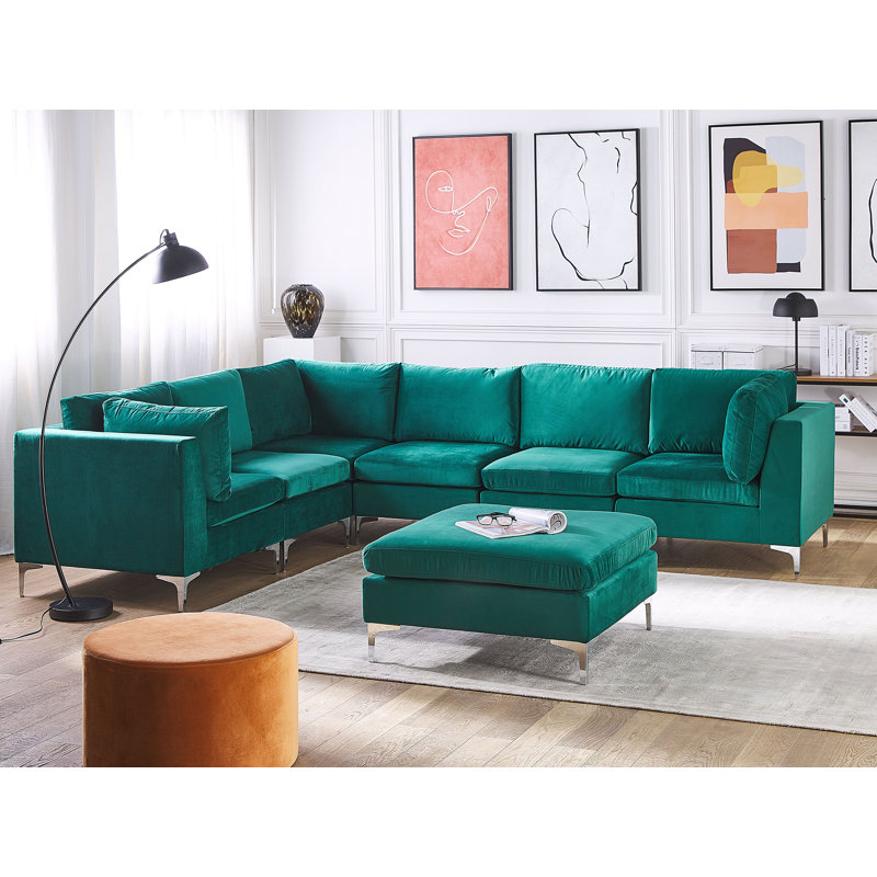 Moya 6 Seater Velvet Sofa & Chaise, Green, Left Hand Facing