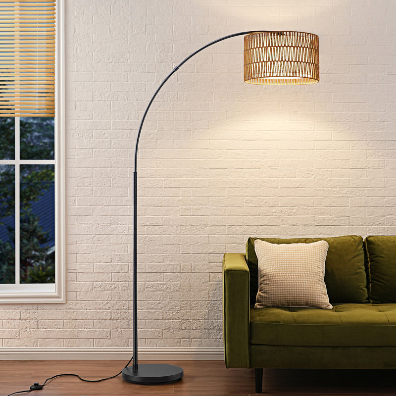 Peavine 76" H Rattan Arched Floor Lamp with Remote Control and Shade , Matte Black