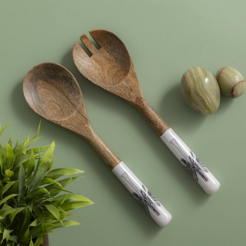 Mango Wood Salad Server Set Of 2 W/Print