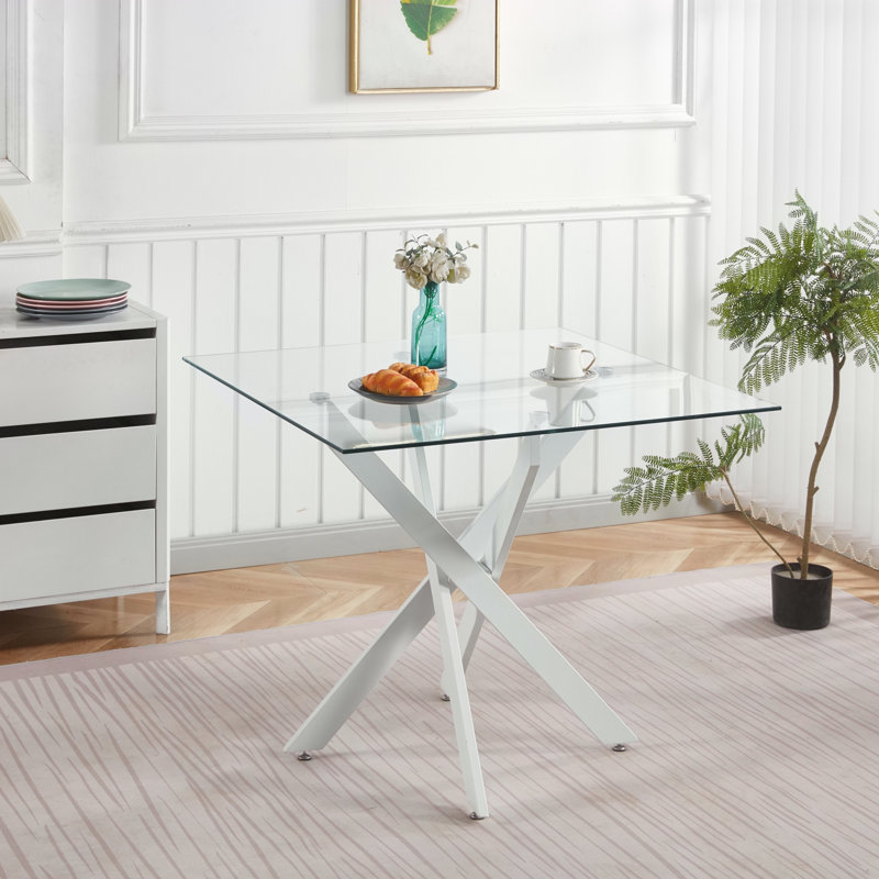 Table de salle à manger avec pieds en métal et verre trempé, Blanc mat