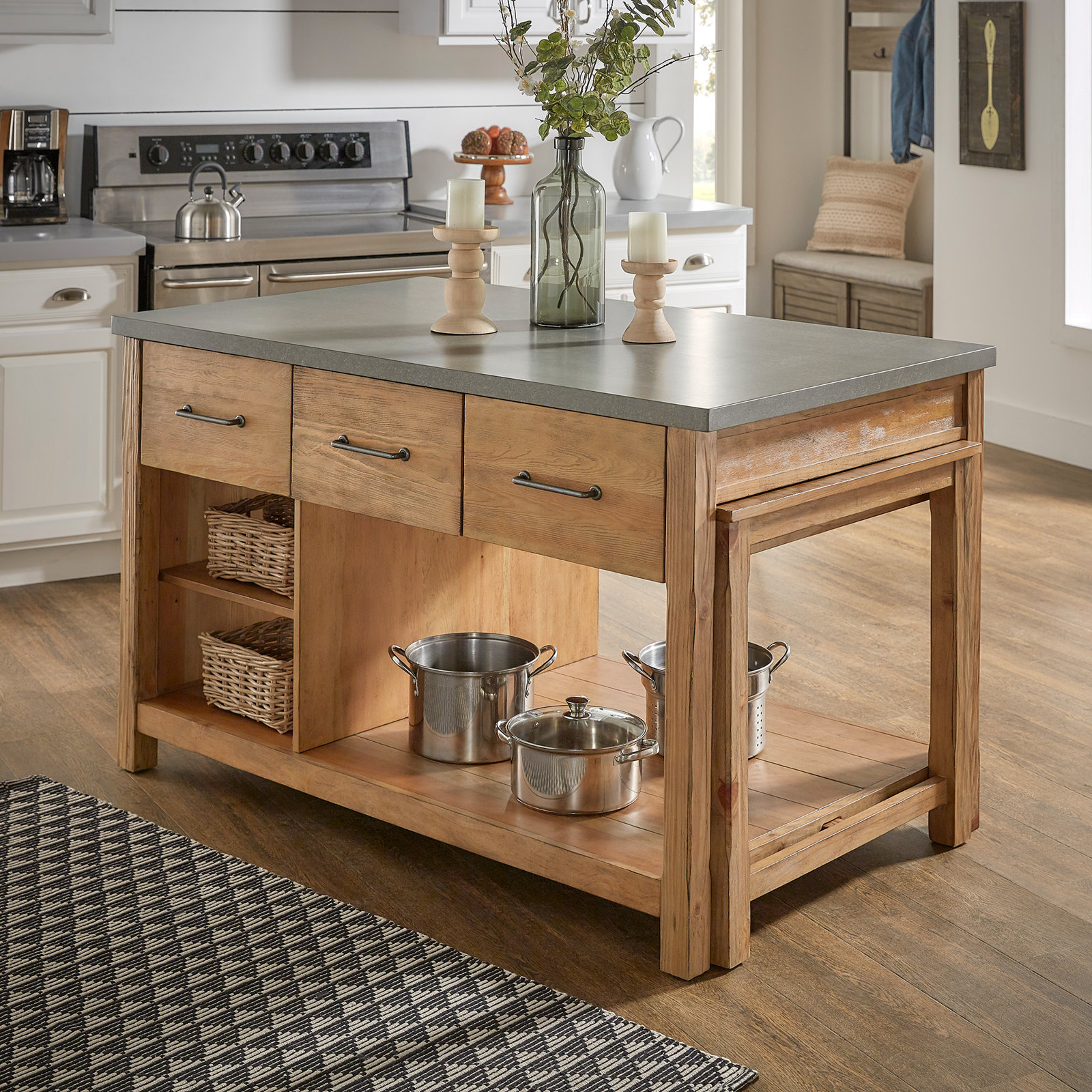 Tinka 3-Drawer Rectangle Pine Kitchen Island , Concrete Veneer, Natural