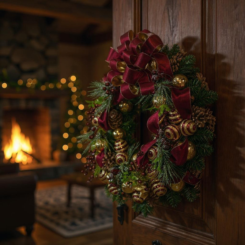 Festive Burgundy And Gold Holiday Wreath