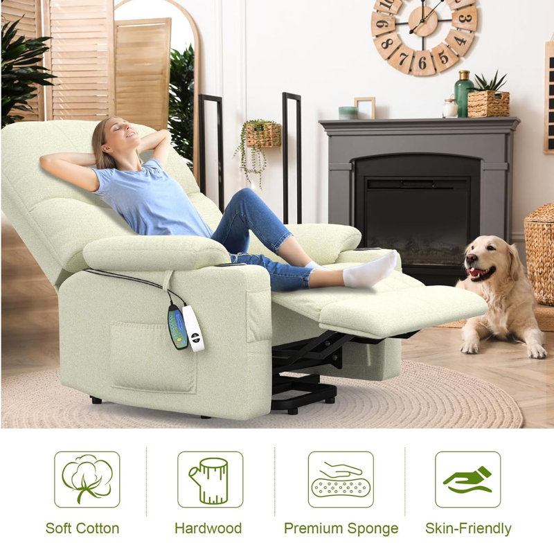 85cm Wide Lift Assist Home Theatre Recliner with Massager, Beige