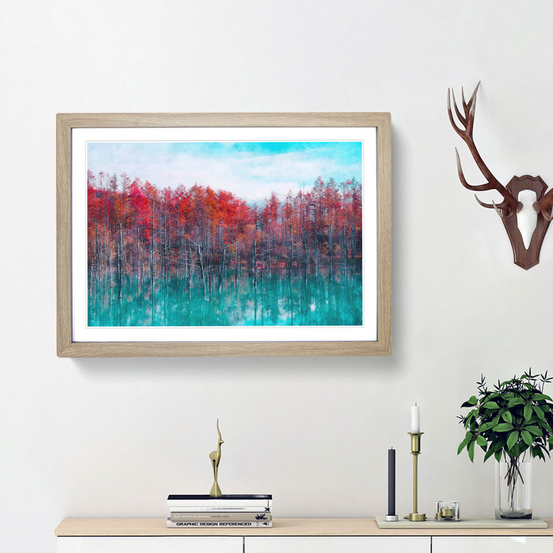 Blue Pond In Hokkaido Japan Painting - Single Picture Frame Print on MDF, 62cm H x 87cm W x 2cm D, Black