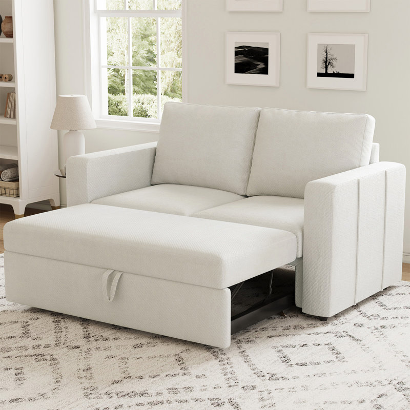 Rafael 2 Seats Fabric Sectional Pull Out Sofa Memory Foam Mudular Sofa For Living Room, Beige Chenille