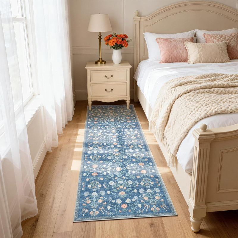 2x6 Floral Runner Rug, Washable Non Slip Foldable Rug for Hallway Kitchen, Blue, Runner 2' x 6', Blue