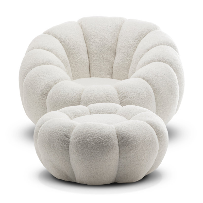 Mirielle Perse Teddy Boucle Swivel Accent Chair with Footstool, White