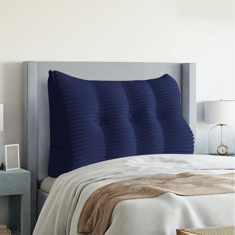 Sit-up Back Comfort Corduroy Bed Headboard Wedge Reading Pillow Triangular Backrest, Deep Blue, 20"H x 39"W