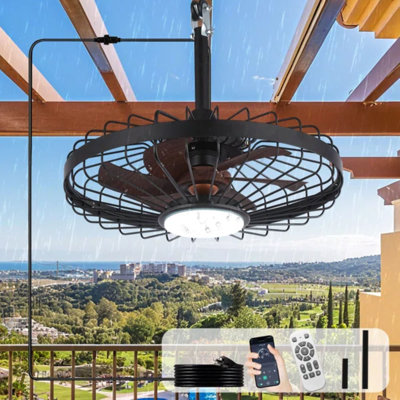 Ventilateurs de plafond extérieurs imperméables de 20 pouces avec lumières, ventilateur de pavillon enfichable avec télécommande pour application, ventilateurs en cage pour auvent de véranda Pergola, noir 6 vitesses et noyer