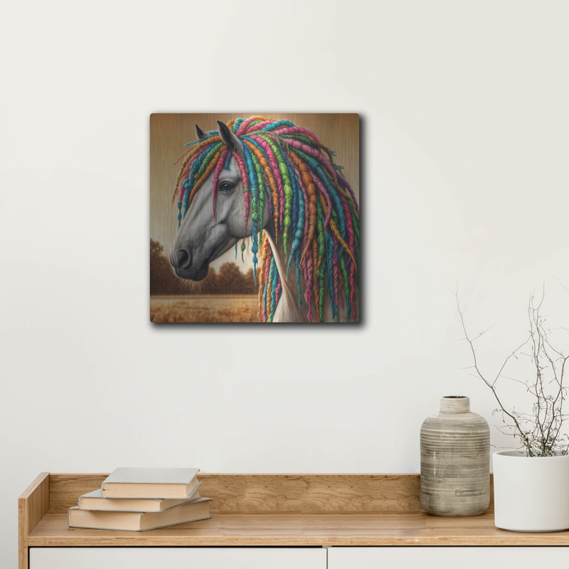  «Horse With Colorful Dreadlocks» par Rey Klimt, art mural en métal, H 12 po x l 12 po