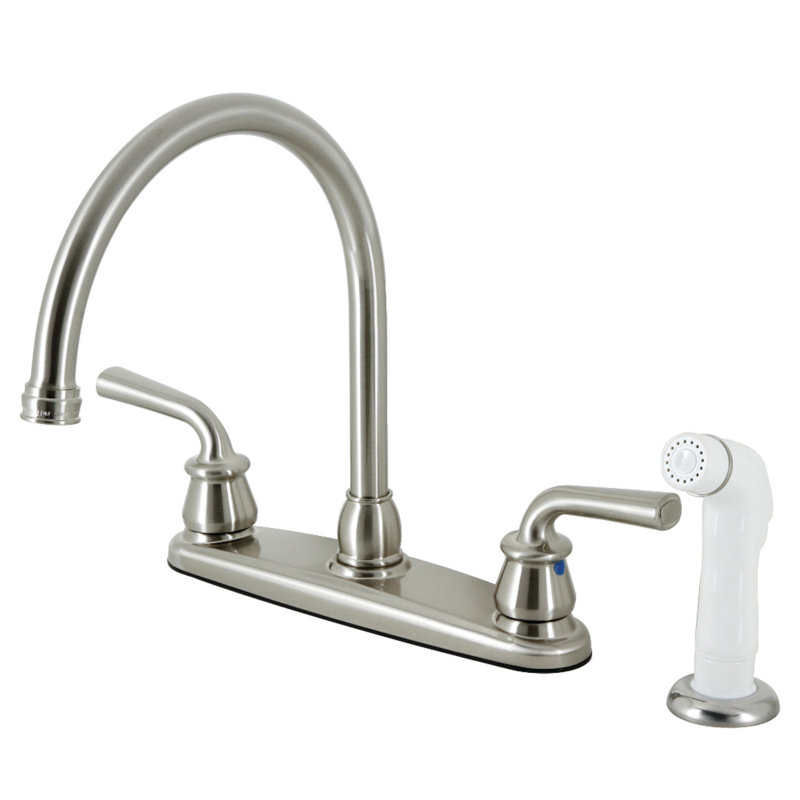 Kingston Brass Restoration Two-Handle 8" Centerset Kitchen Faucet, With Side Spray, Brushed Nickel/White
