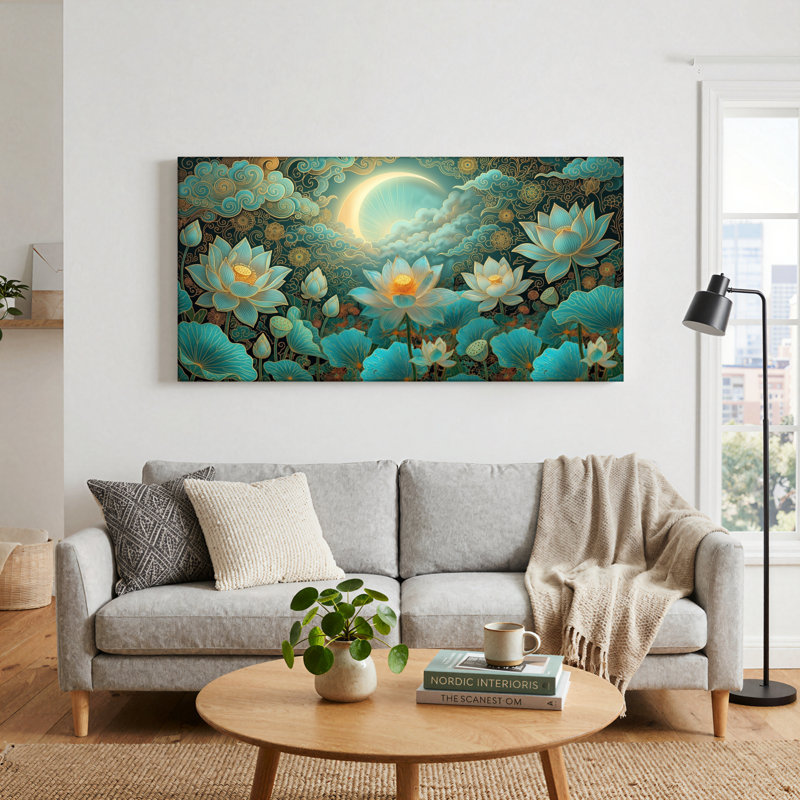 Ensemble de 1 tableau sur toile « Lotus au clair de lune », L 32 po x H 16 po, Toile tendue