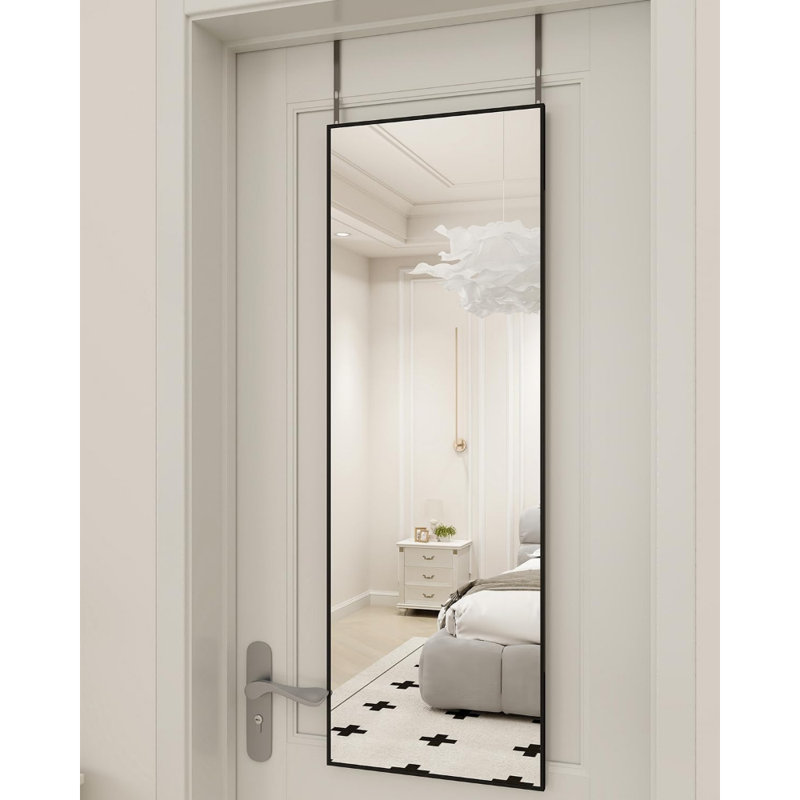14" X 48" Adjustable Height Over The Door Full Length Mirror, Rectangular Hanging Mirror With Shatterproof Tempered Glass And Aluminum Alloy Frame For Dormitory, Bedroom, Bathroom, Black