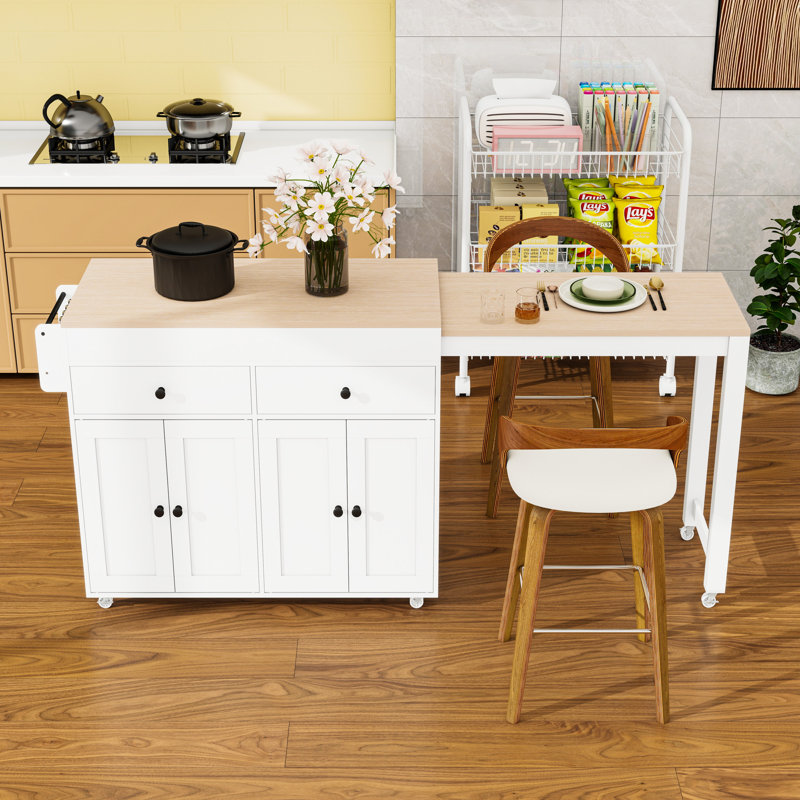 Extendable Kitchen Island Cart with Dining Table, Storage Cabinet, Spice Rack and Lockable Wheels, White