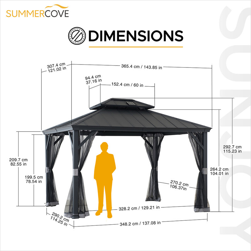 Sunjoy Hardtop Gazebo 10 x 12 ft. , Outdoor Patio Aluminum Frame Gazebo with Solar Panel, 2-Tier Steel Hardtop Backyard Gazebo with Netting and Ceiling Hook