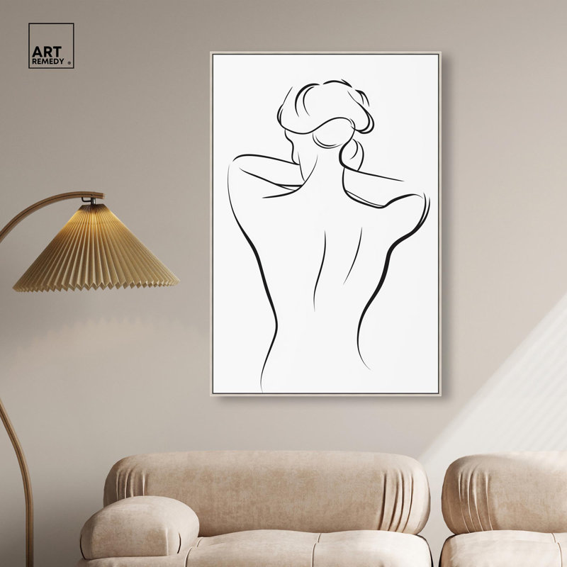 «Woman in Contour II», art mural minimaliste par Art Remedy, H 31 po x l 21 po, Argent argent, Cadre flottant