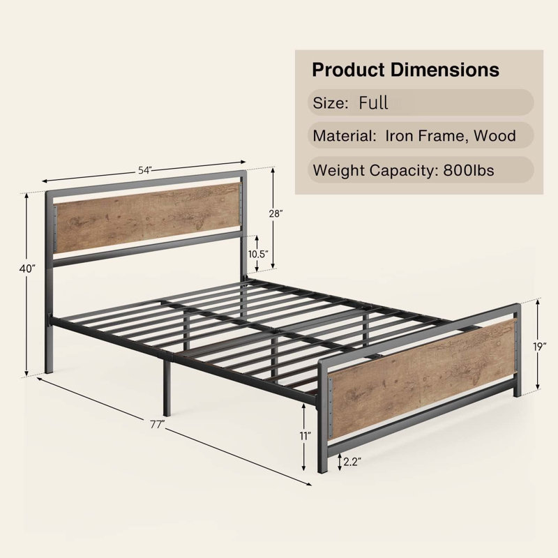 Base de lit plateforme moderne en bois et métal noir avec tête de lit robuste, Double, Brun