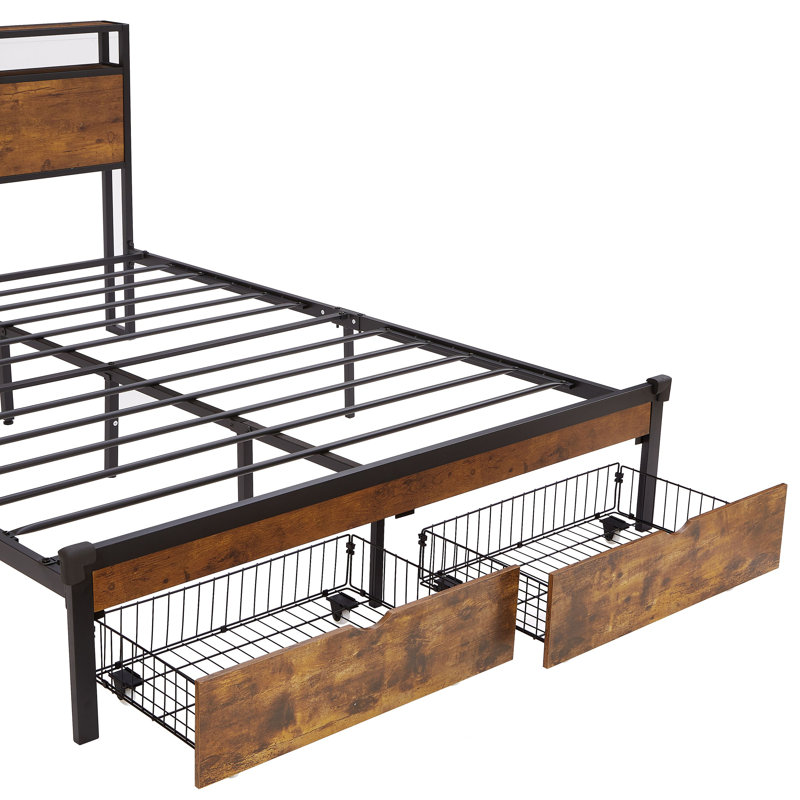 Structure de lit plateforme en métal avec tête de lit et pied de lit en bois avec lumières USB à 2 tiroirs à DEL, Grand lit