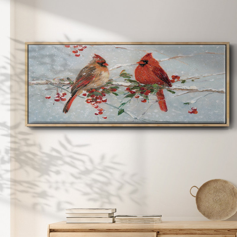 Cardinals in Winter- Framed Canvas, H 12 po x l 30 po