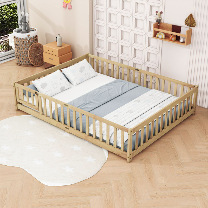 Queen Floor Bed With Safety Guardrails, Natural