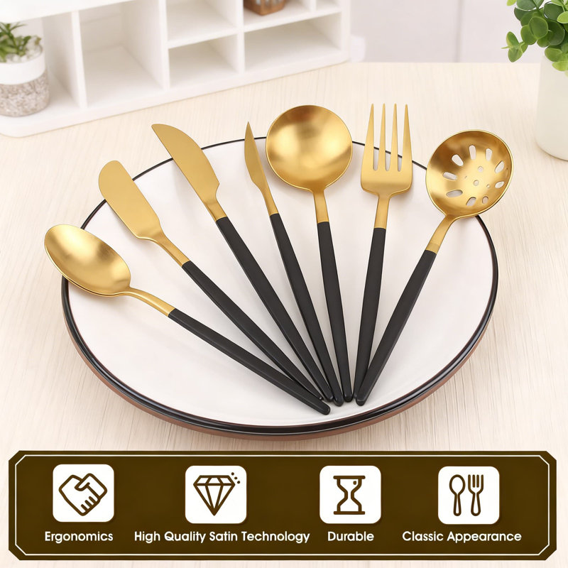 Ensemble 5 pièces de service d'hôtesse ronde en or noir mat, ustensiles de couverts en acier inoxydable avec finition satinée, cuillère de service lavable au lave-vaisselle, fourchette, couteau à beurre et cuillère à sucre