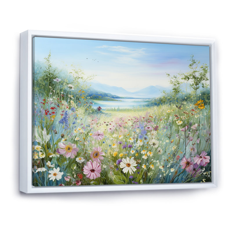 Simplity Wreath Green Flower Field - Art mural grand champ de fleurs, H 30 po x l 40 po x P 1,5 po, Cadre flottant blanc