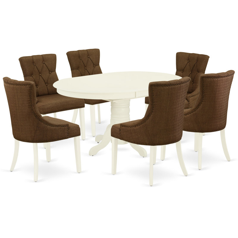 7 Piece Dining Table Set Consist of an Oval Dining Room Table with Butterfly Leaf and 6 Brown Linen Fabric Parsons Chairs, Linen White