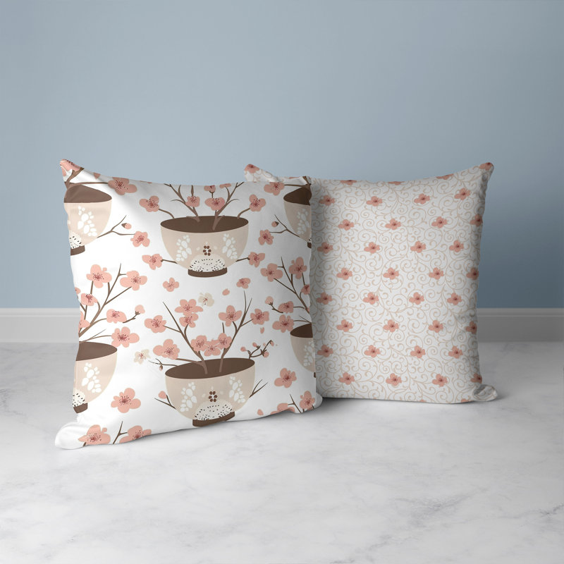 Coussin décoratif intérieur / extérieur Potting Cherry Blossoms, H 16 po x l 16 po, Brun/rose