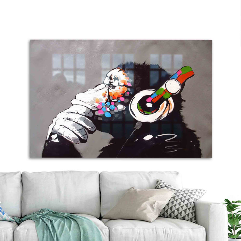 Abstrait art mural en verre trempé avec un chimpanzé musical pour un décor de style de rue unique, H 18,1 po x l 28,3 po