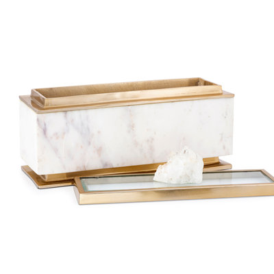 Plushy Decorative Box With Lid, White Marble, Gold Aluminum-Iron 14 Inch