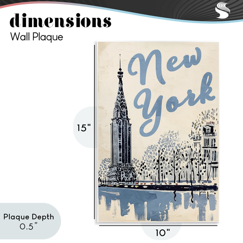 Plaque murale bleue et beige New York Travel, design par Annabelle Hall, H 15 po x l 10 po