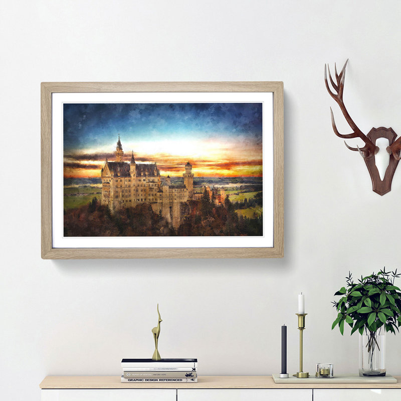 Neuschwanstein Castle - Picture Frame Graphic Art Print, Oak Framed, 62cm H x 87cm W x 2cm D