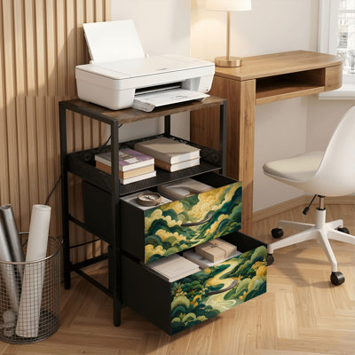Nightstand with Charging Station, 2 Drawer Bedside Table with USB Ports and Outlets, Open Shelf, Black Night Stand for Bedroom Living Room Stylized Curving River Green Golden Hills Print