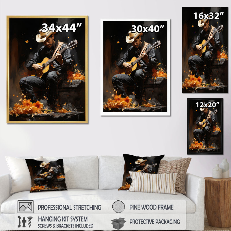 Machleid orange noir, art mexicain les mariachis - reproduction, H 44 po x l 34 po x P 1,5 po, Cadre flottant doré